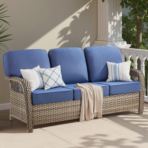 Buenhomino High Back Outdoor Wicker Patio Sofa with 5" Thick Cushion, All Weather Wicker Furniture 3-Seater Sofa Patio Couch for Porch - 1 of 4