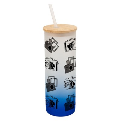 Elanze Designs Vintage Polaroid Cameras Photography Wrap-Around Design 25 Ounce Frosted Gradient Glass On-The-Go Coffee Travel Skinny Tumbler Mug Cup,