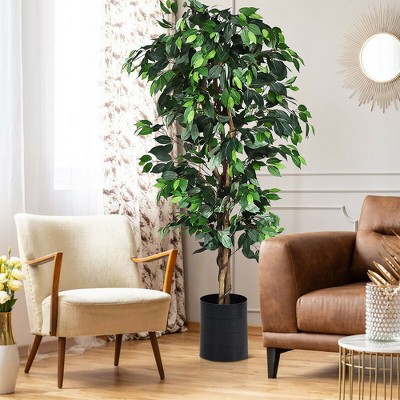6-Foot Green Artificial Ficus Silk Tree with Wood Trunks