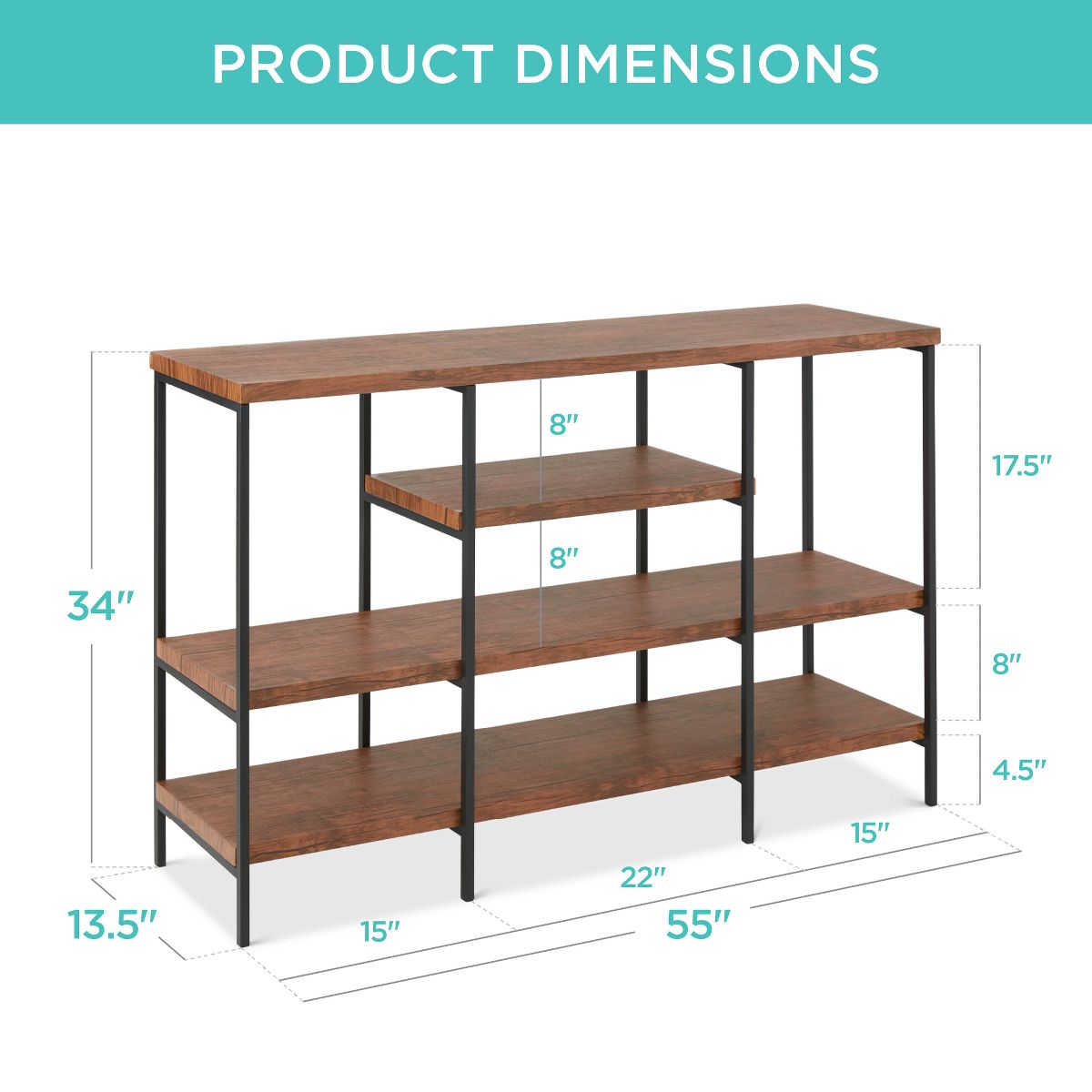 Best Choice Products 55in Industrial 4-Tier Console Table w/ Tall Shelves, Metal Frame - Brown - thumbnail 7