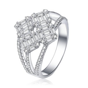 Guili Rhodium-Plated Sterling Silver Ring with Triple Split Shank, featuring Clear Baguette & Round CZ in a bold yet elegant design, sizes 6-8. - 1 of 3