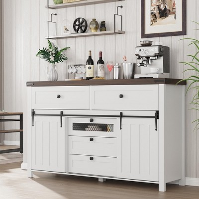 Zstar Farmhouse 5 Drawers Dresser for Bedroom with Sliding Barn Doors, Wood Dresser & Chest of Drawers, Rustic TV Stand,White