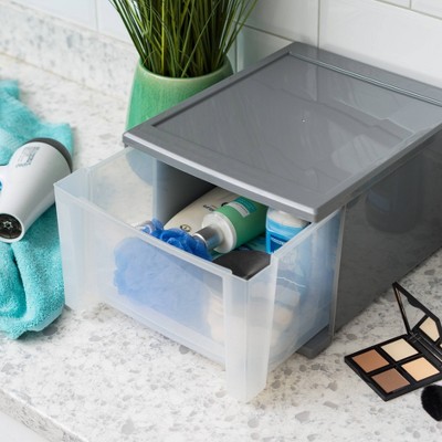 Sleek Gray 17.5qt Stackable Storage Drawer with Easy-Glide