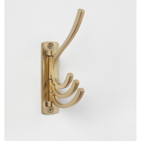 Three-Way Folding Coat Hook | Polished Brass Finish | | Wall Mounted for  Bathroom Kitchen Bedroom | Captains Hook | independently swivelling arms 