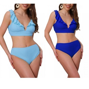 INSPIRE CHIC Women's Ruffle Trim V Neck Wide Strap Drawstring Tie Back Top Triangle Bottom Bikini Sets 2 Sets - 1 of 4