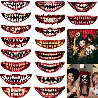 Racxily 18 Pcs Halloween Clown Horror Mouth Tattoo Stickers Halloween Temporary Realistic Tattoos Face Decals Prank Props for Halloween