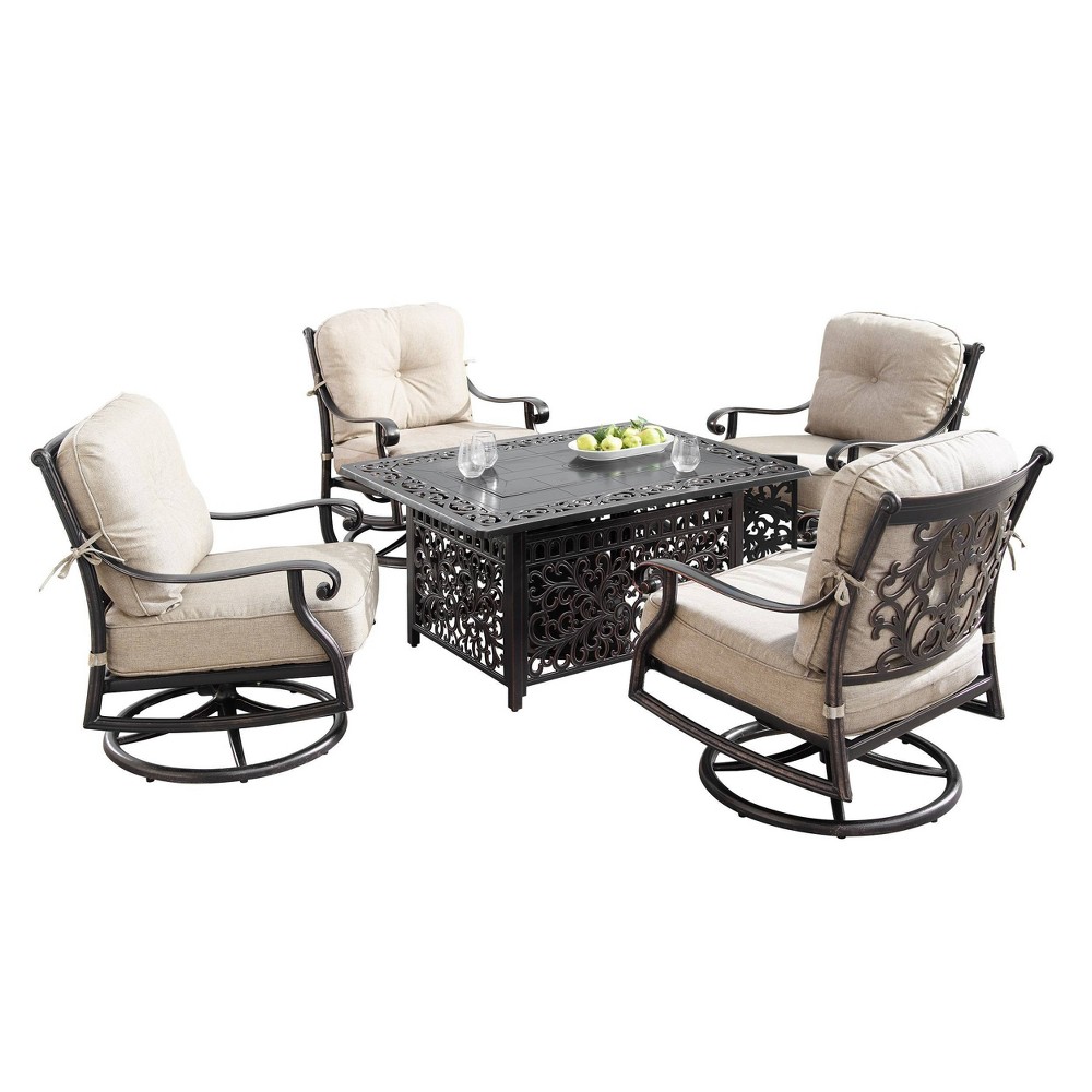 5pc Set with 48"" Rectangle Outdoor Aluminum Fire Table & Four Swivel Rocking Chairs & Wind Blocker - Oakland Living -  85307733