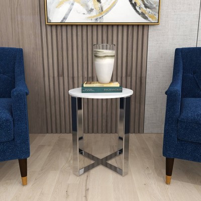 White Marble and Stainless Steel Round Accent Table