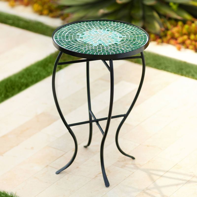 Teal Island Designs Modern Black Round Outdoor Accent Side Table 14" Wide Green Mosaic Front Porch Patio House Balcony Deck Shed, 2 of 8