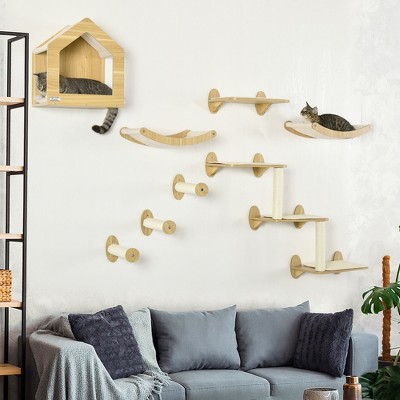 Natural Wood and Sisal Wall-Mounted Cat Tree with Hammocks