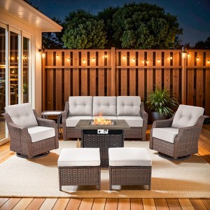 Buenhomino Patio Furniture Set 7 Piece Brown Wicker Outdoor Furniture Patio Sectional Sofa Couch PE Rattan Conversation Sets with Fire Pit Table - 1 of 4