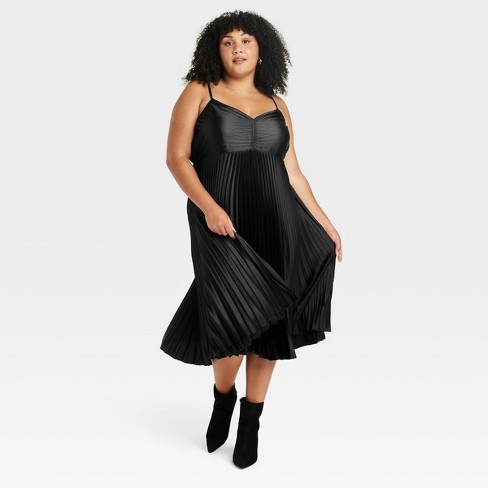Women's Pleated Satin Midi A-Line Dress - Ava & Viv™ Black 4X