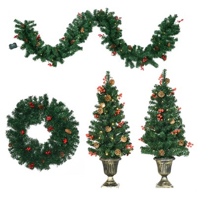 DOMETOUR Holiday Christmas 4-Piece Set, Garland Wreath and Set of 2 Entrance Trees with Warm White LED Lights, Red Berries, Pine Cones, Green