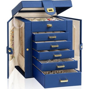 Leather Jewelry Box with Mirror - Multi-Compartment Organizer for Rings & Necklaces, Black - 1 of 4