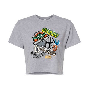 Women's - Star Wars - The Mandalorian Mando Grogu Stickers Cropped Graphic T-Shirt - 1 of 4