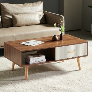 KTMBDW Coffee Table 41" Mid Century Modern Center Table with Drawer, Fluted Living Room Table with Storage, Open Shelf Coffee Table - 1 of 4