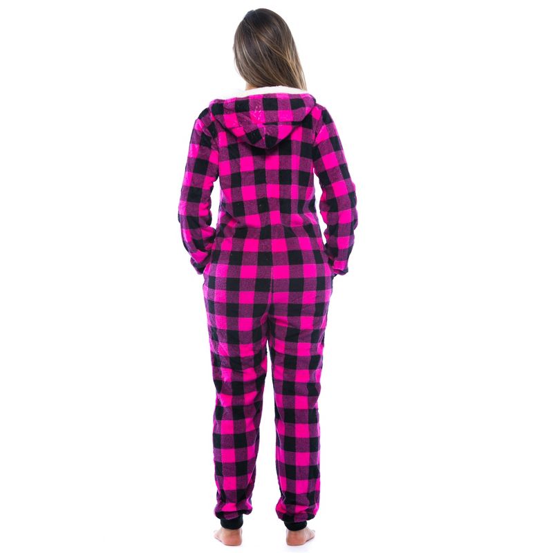 Just Love Womens One Piece Buffalo Plaid Adult Onesie Faux Sherling Lined Hoody Pajamas, 3 of 5