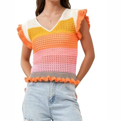 Women's Keesha Crochet Knitted Multi Stripe Ruffle Sleeve Top - Blue B