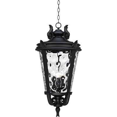 John Timberland Traditional Outdoor Light Hanging Textured Black Scroll 30" Clear Hammered Glass Damp Rated for Porch Patio