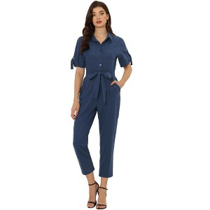 INSPIRE CHIC Women's Short Sleeve Collared Solid Color Button Down Tie Waist Cargo Jumpsuit - 1 of 4