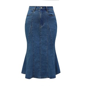 INSPIRE CHIC Women's High Waist Fishtail Ruffle Denim Jean Skirt - 1 of 4