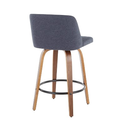 Walnut and Blue Mid-Century Modern Swivel Counter Stools, Set of 2