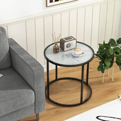 20" Round Black Metal Frame Side Table with Faux Marble Glass Top