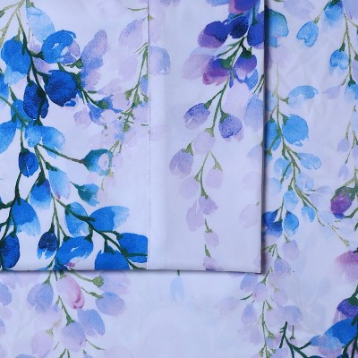 Twin Blue Floral Print Deep Pocket Microfiber Sheet Set