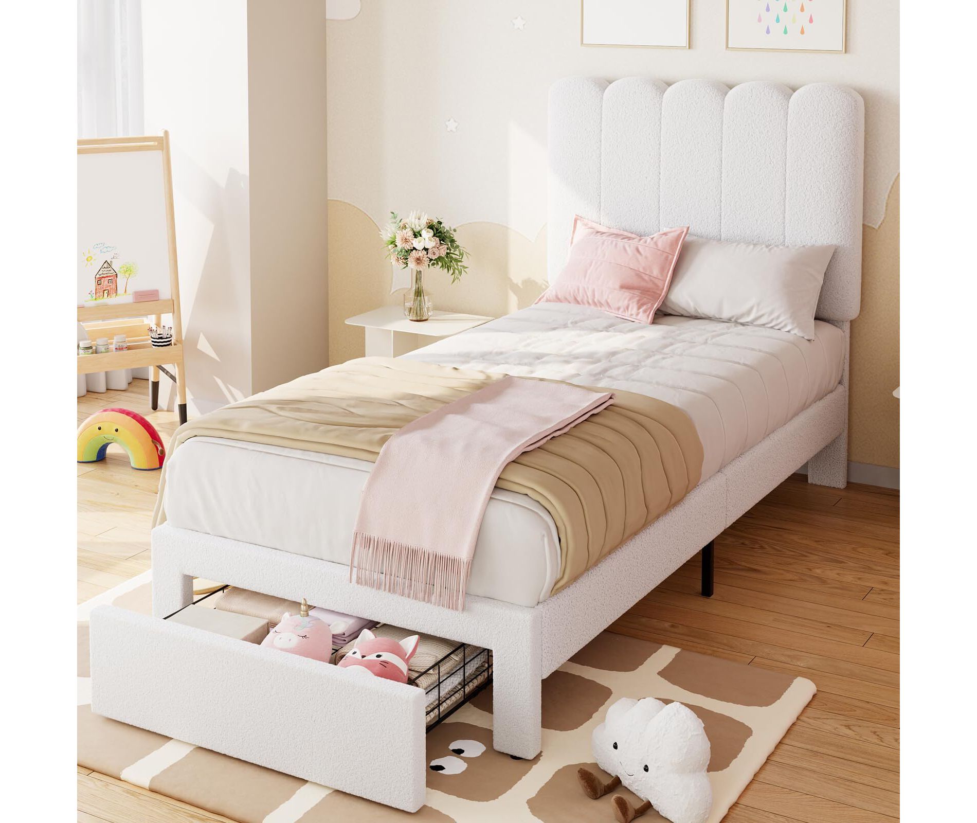 Twin Bed Frame with Storage Drawer and Headboard, Boucle Upholstered Twin Platform Bed Frame for Girls, Strong Wooden Slats Support,Beige