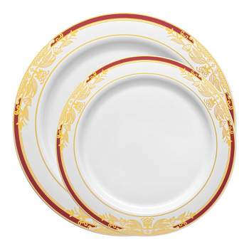 Smarty Had A Party White with Burgundy and Gold Harmony Rim Plastic Dinnerware Value Set (120 Dinner Plates + 120 Salad Plates)