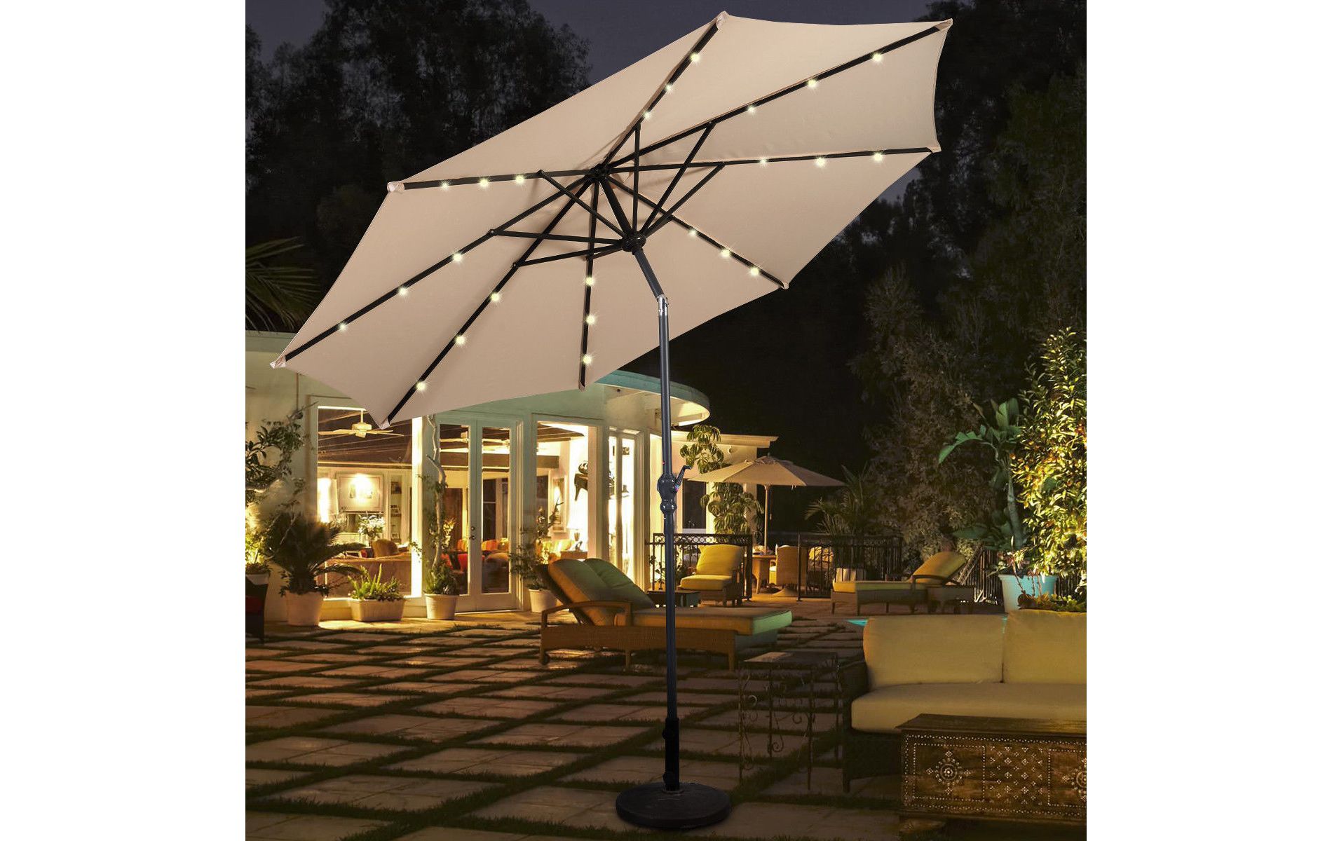 Costway 10ft Patio Solar Umbrella LED Patio Market Steel Tilt w/ Crank Outdoor Beige