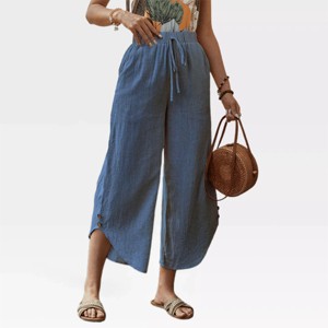 Womens Summer Pants Casual Linen Capris Pants with Drastring Wide Leg Roomy Non-Restrictive Trouser with Curvy Slit Hem - 1 of 4