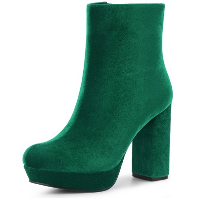 Allegra K Women's Round Toe Zip-Up Faux Velvet Block Heels Ankle Boots
