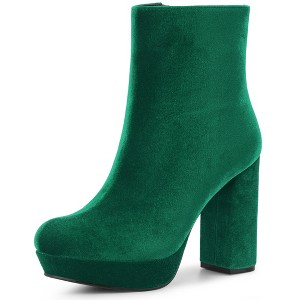 Allegra K Women's Round Toe Zip-Up Faux Velvet Block Heels Ankle Boots - 1 of 4