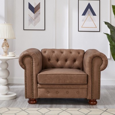 44" Faux Leather Chesterfield Sofa with Tufted Back and Bronze Nailhead Trim
