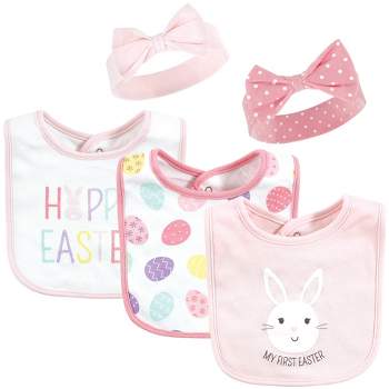 Hudson Baby Infant Girl Cotton Bib and Headband or Caps Set, Happy Easter, 0-9 Months