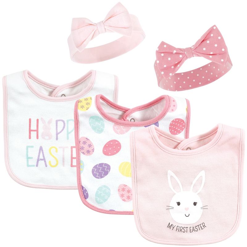 Hudson Baby Infant Girl Cotton Bib and Headband or Caps Set, Happy Easter, 0-9 Months, 1 of 7