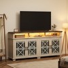 Farmhouse TV Stand for 80 inch, Mid Century Entertainment Center with LED Lights, Wooden Media Cabinet with Glass Door for Living Room, Whitewash - 2 of 4