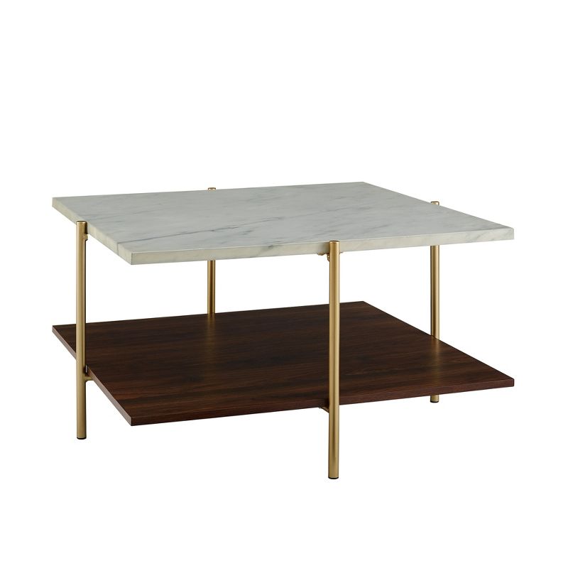 Mid Century Modern Glam Square Coffee Table Faux White Marble/Dark Walnut - Saracina Home, 1 of 8