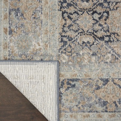 Navy and Beige Floral Chenille Rectangular Area Rug