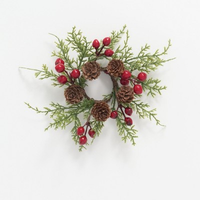 Sullivans Artificial Cedar, Berry, and Pine Cone Wreath 8"H Green