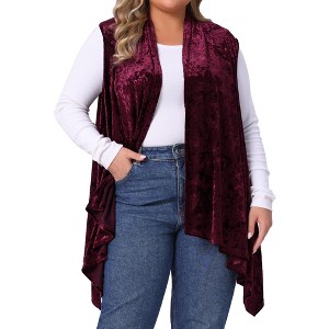 Agnes Orinda Women's Plus Size Velvet Jacquard Sleeveless Asymmetric Hem Open Front Casual Lightweight Vests - 1 of 4
