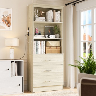 Aheaplus 6-Tier Tall Cabinet with USB Ports and Outlets, Storage Cabinet with Drawers and Open Shelves