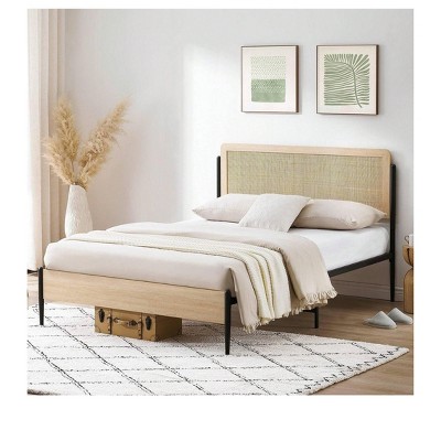 coucheta Full Metal Bed Frame with Rattan Headboard and Wooden Footboard, Boho Style Platform Bed with Underbed Storage, No Box Spring Needed, Oak