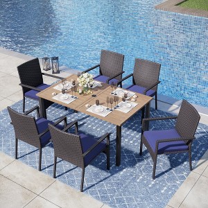 Captiva Designs 7pc Patio Slatted Top Steel Dining Table with Umbrella Hole & Cushioned Armrest Rattan Chairs - 1 of 4