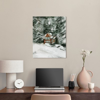 Winter Cabin Landscape Canvas Wall Art, 20" x 24", Watercolor Style