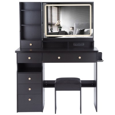 NicBex Vanity Desk with Mirror 41" Vanity with Sliding Mirror and Built-in Socket, Makeup Table Set with Cushioned Stool, Hair Dryer Stand