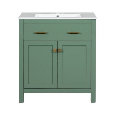 30" Bathroom Cabinet With Ceramic Sink, Solid Wood Frame Bathroom Vanity With Flip-out Drawer, Modern Storage Cabinet With 2 Soft-Close Doors