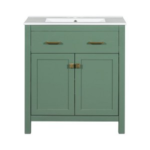 30" Bathroom Cabinet With Ceramic Sink, Solid Wood Frame Bathroom Vanity With Flip-out Drawer, Modern Storage Cabinet With 2 Soft-Close Doors - 1 of 4