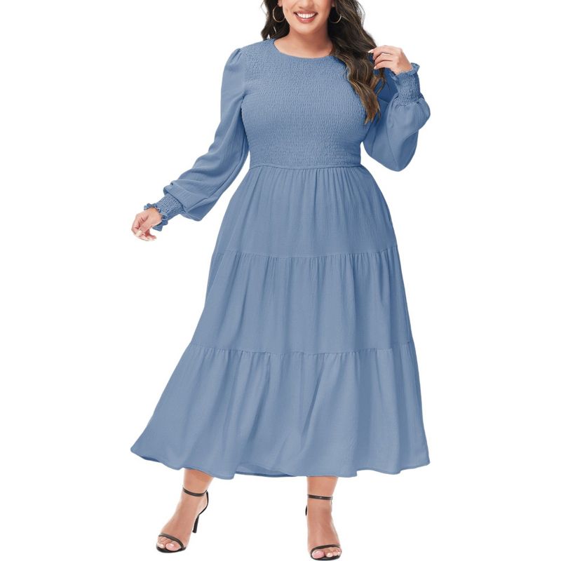 Anna-Kaci Women's Plus Size Casual Long Sleeve Smocked Chest Round Neck Flowy Tiered Maxi Dress, 1 of 4